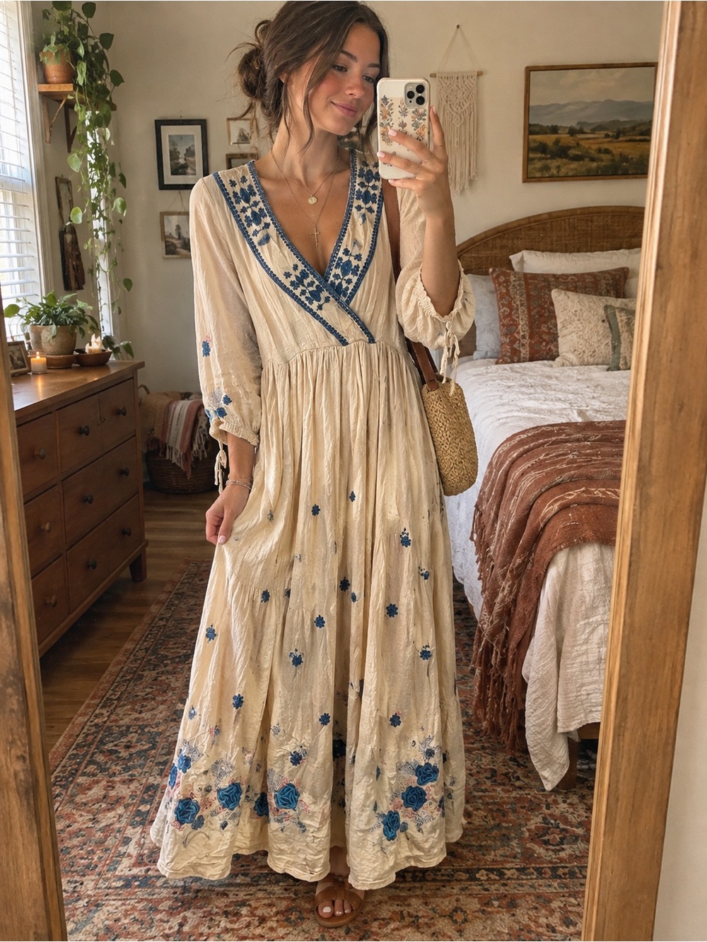 Free People The Enchanted Forest Embroidered Midi Dress Cream Blue S Flawed